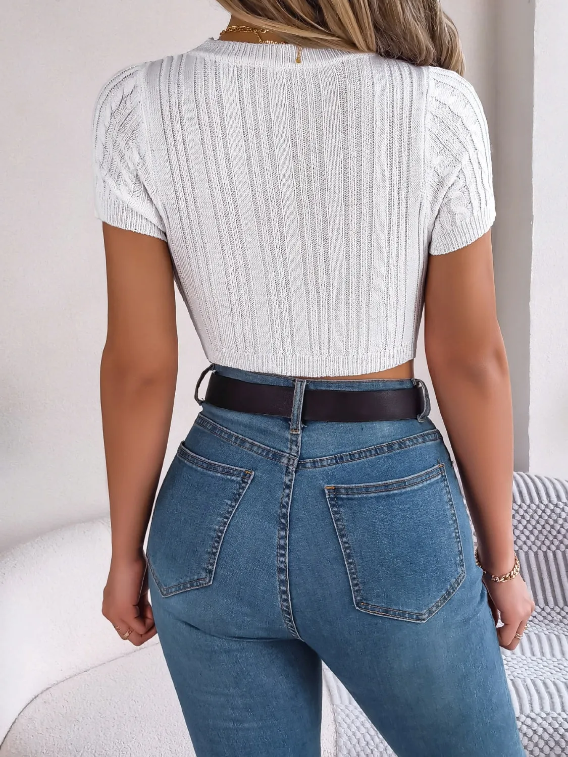 Cable Knit Openwork Round Neck Knit Top