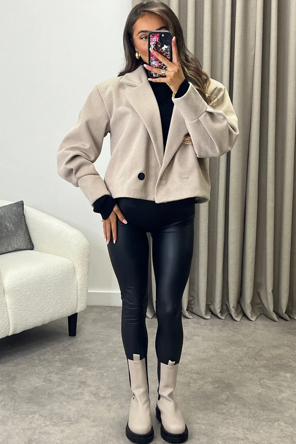 Devyn Taupe Striped Wool Look Button Up Trench Jacket