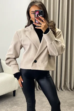 Devyn Taupe Striped Wool Look Button Up Trench Jacket