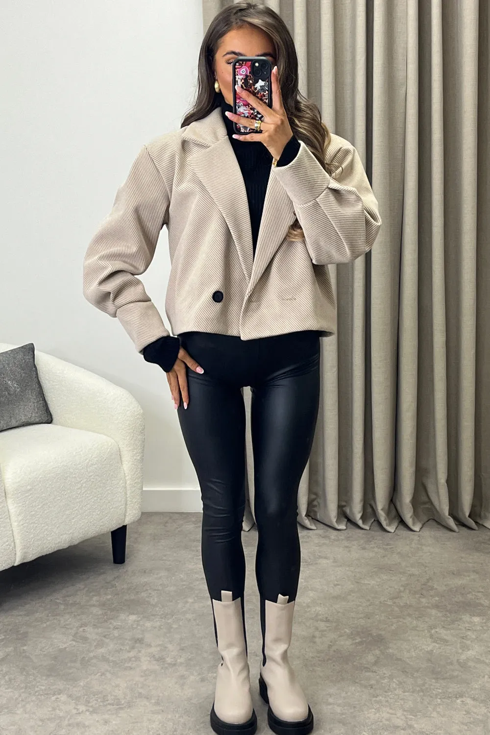 Devyn Taupe Striped Wool Look Button Up Trench Jacket