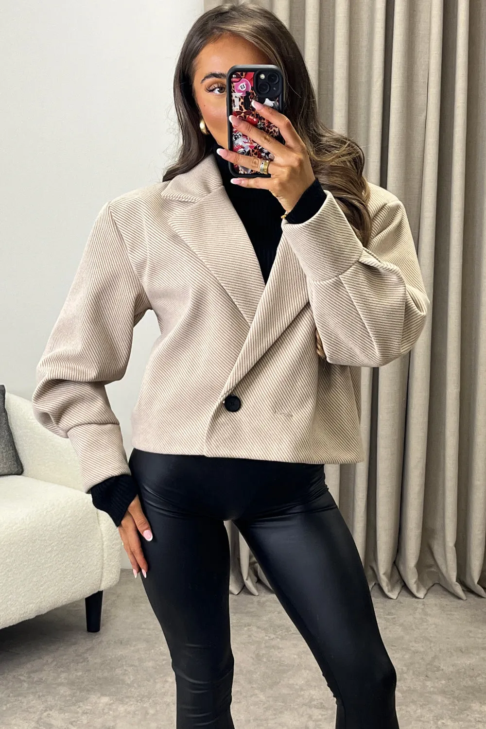Devyn Taupe Striped Wool Look Button Up Trench Jacket