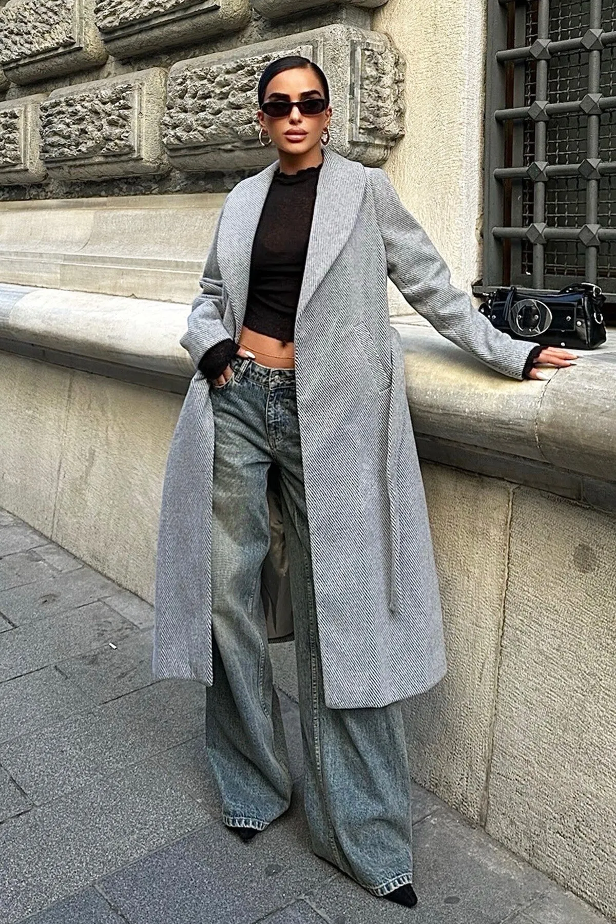 Diagonal Cashmere-Blend Belted Coat