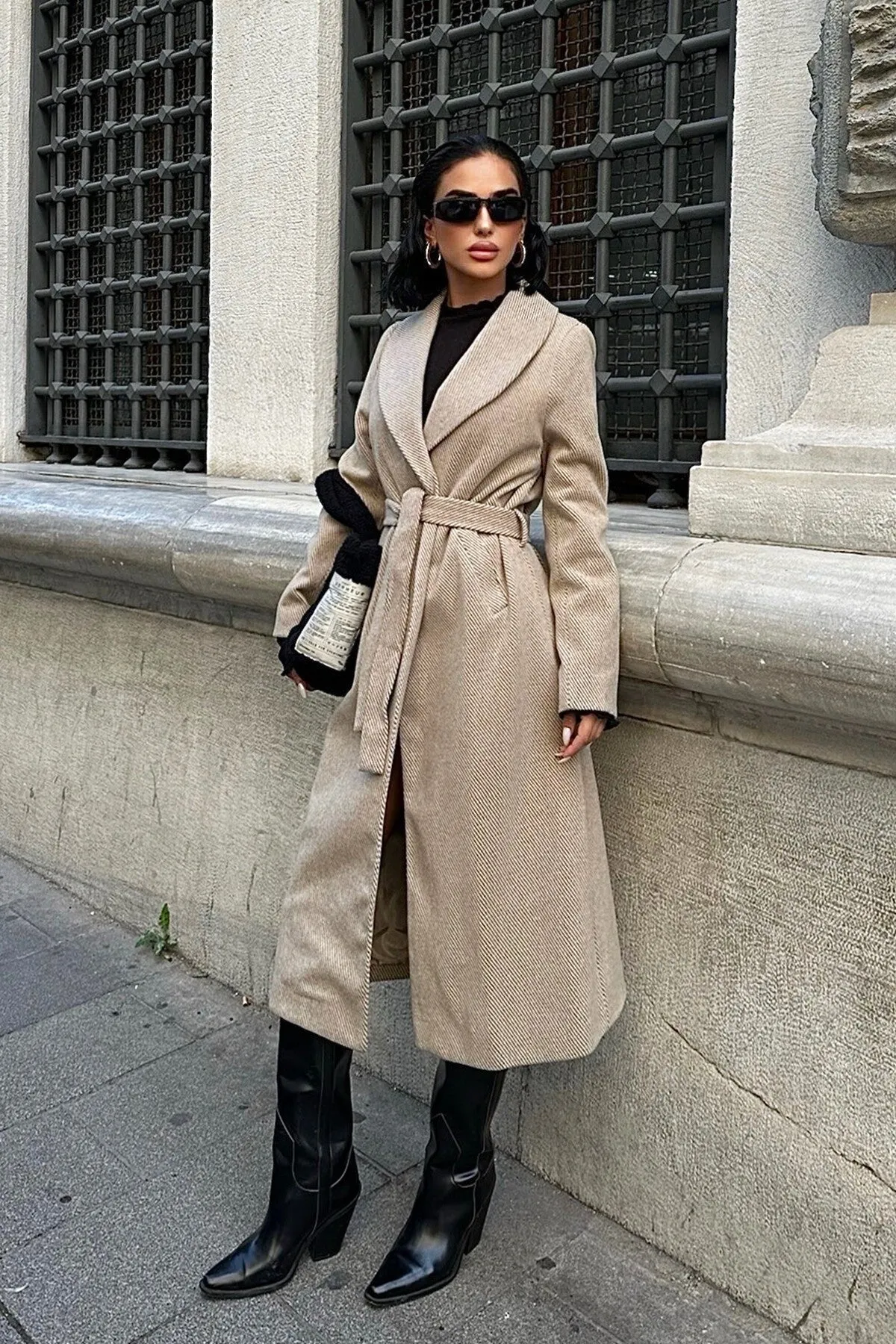 Diagonal Cashmere-Blend Belted Coat