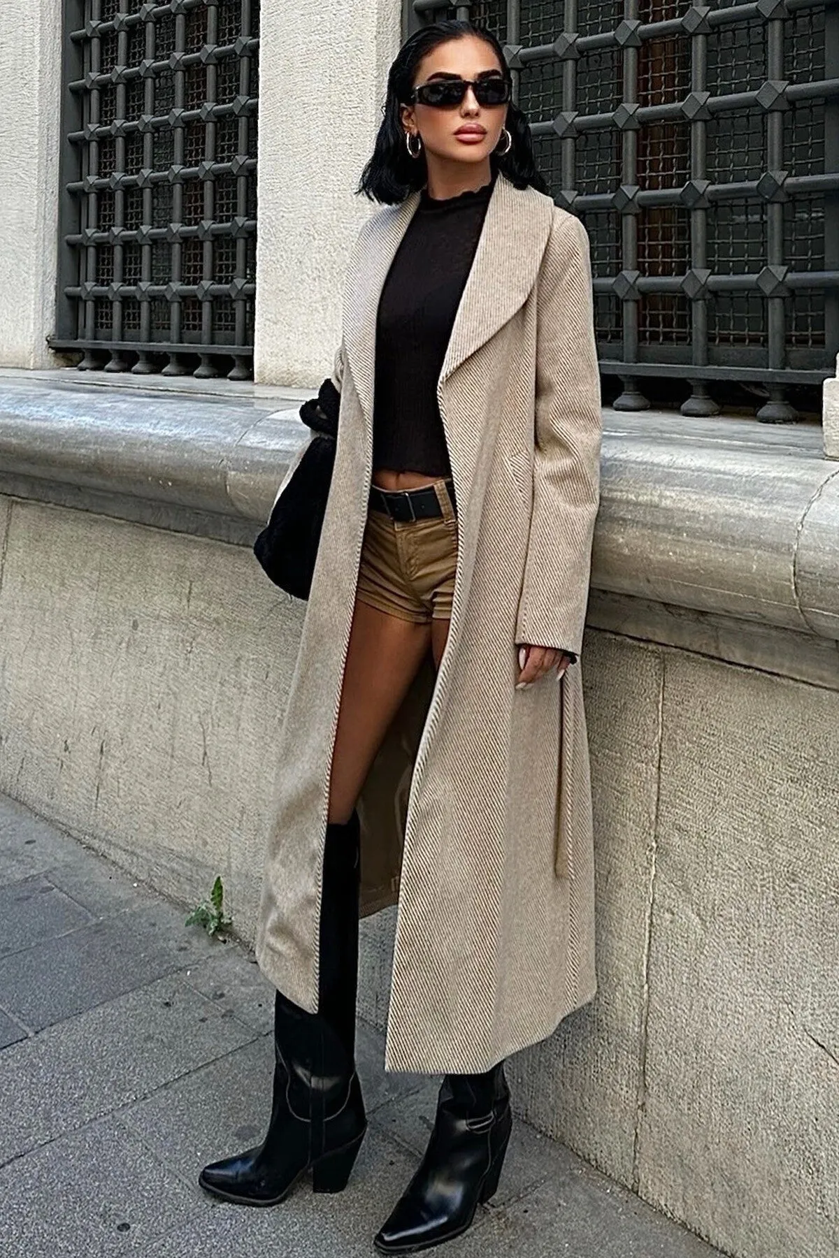 Diagonal Cashmere-Blend Belted Coat