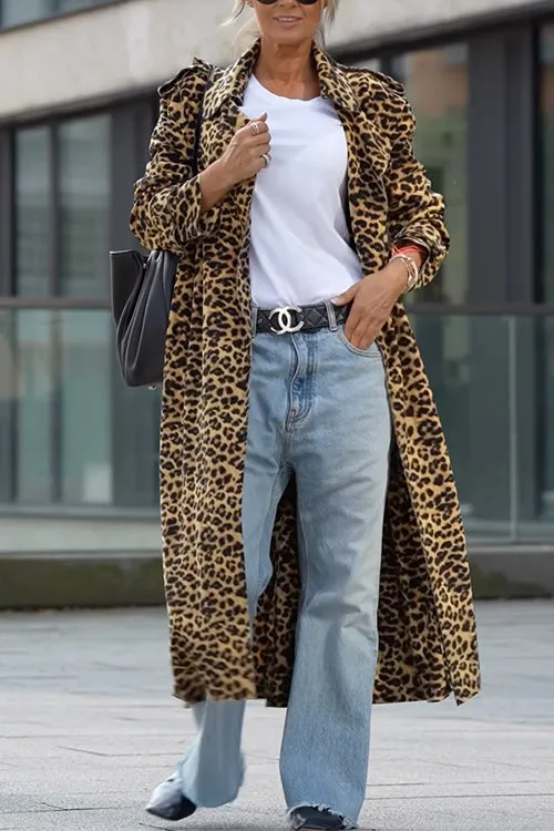 Karleedress Lapel Open Front Leopard Midi Trendy Coat