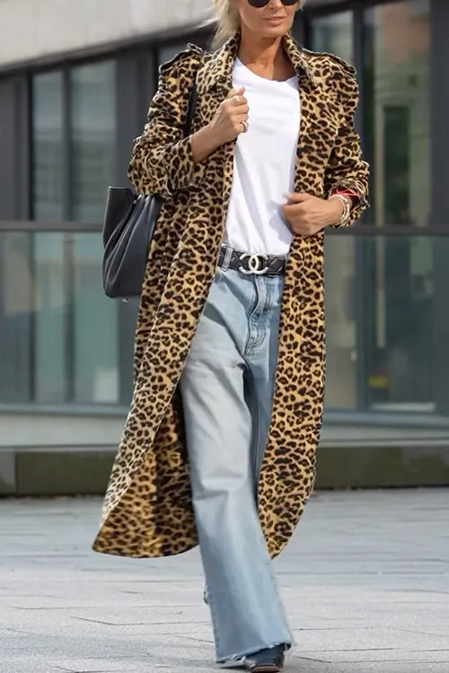 Karleedress Lapel Open Front Leopard Midi Trendy Coat