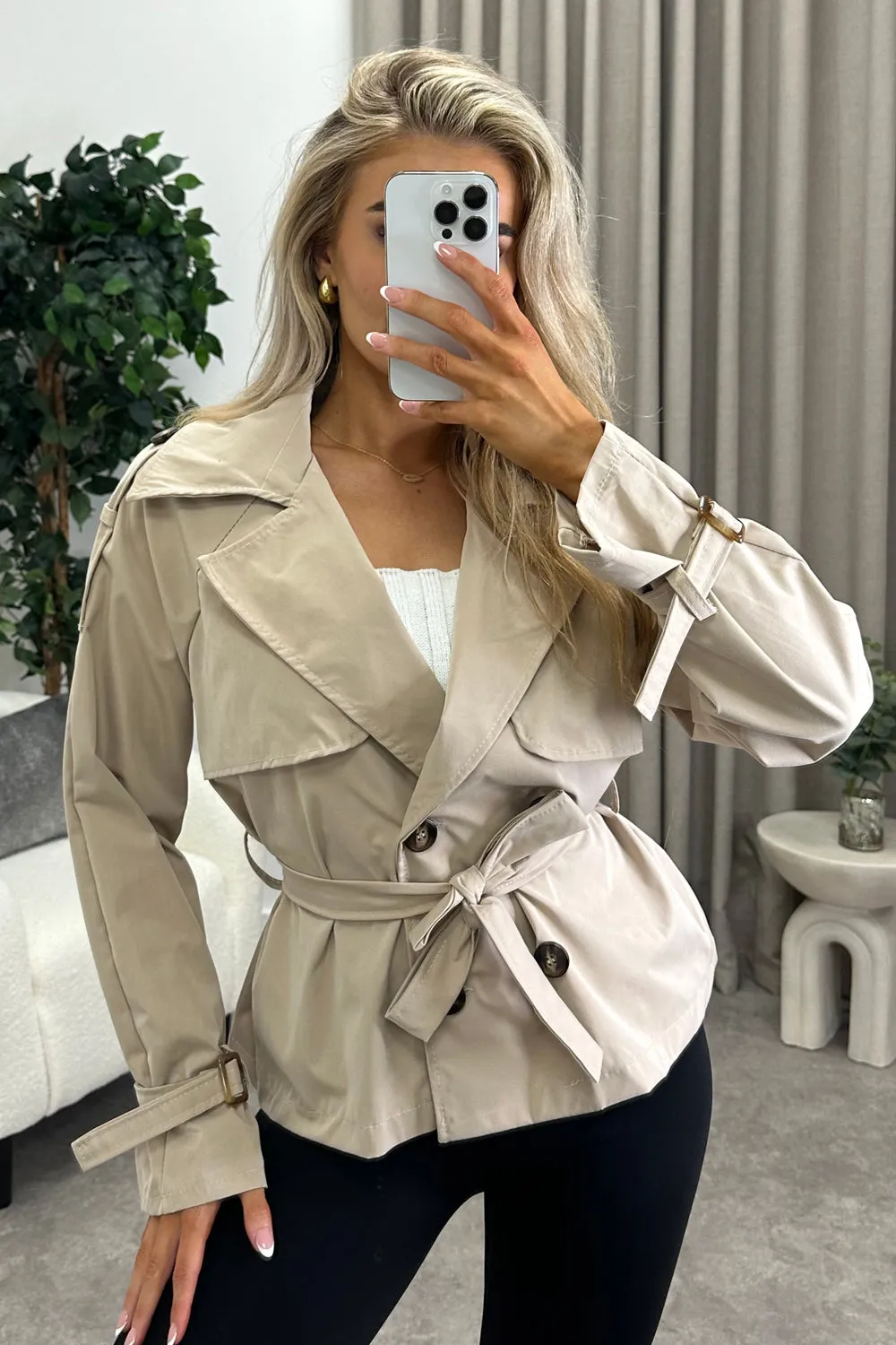 Karlie Beige Button Up Belted Trench Jacket