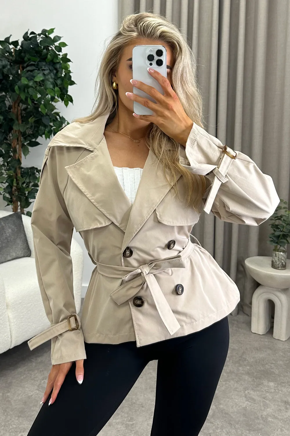 Karlie Beige Button Up Belted Trench Jacket