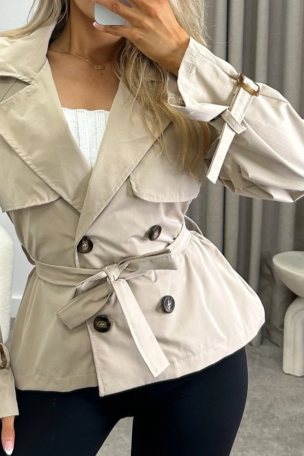 Karlie Beige Button Up Belted Trench Jacket