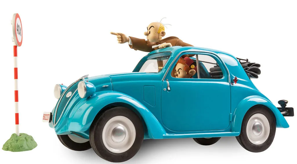 LE GARAGE DE FRANQUIN, SPIROU: FIAT 500 TOPOLINO 1937 "MYSTERE A LA FRONTIERE" - véhicule en résine 27 cm