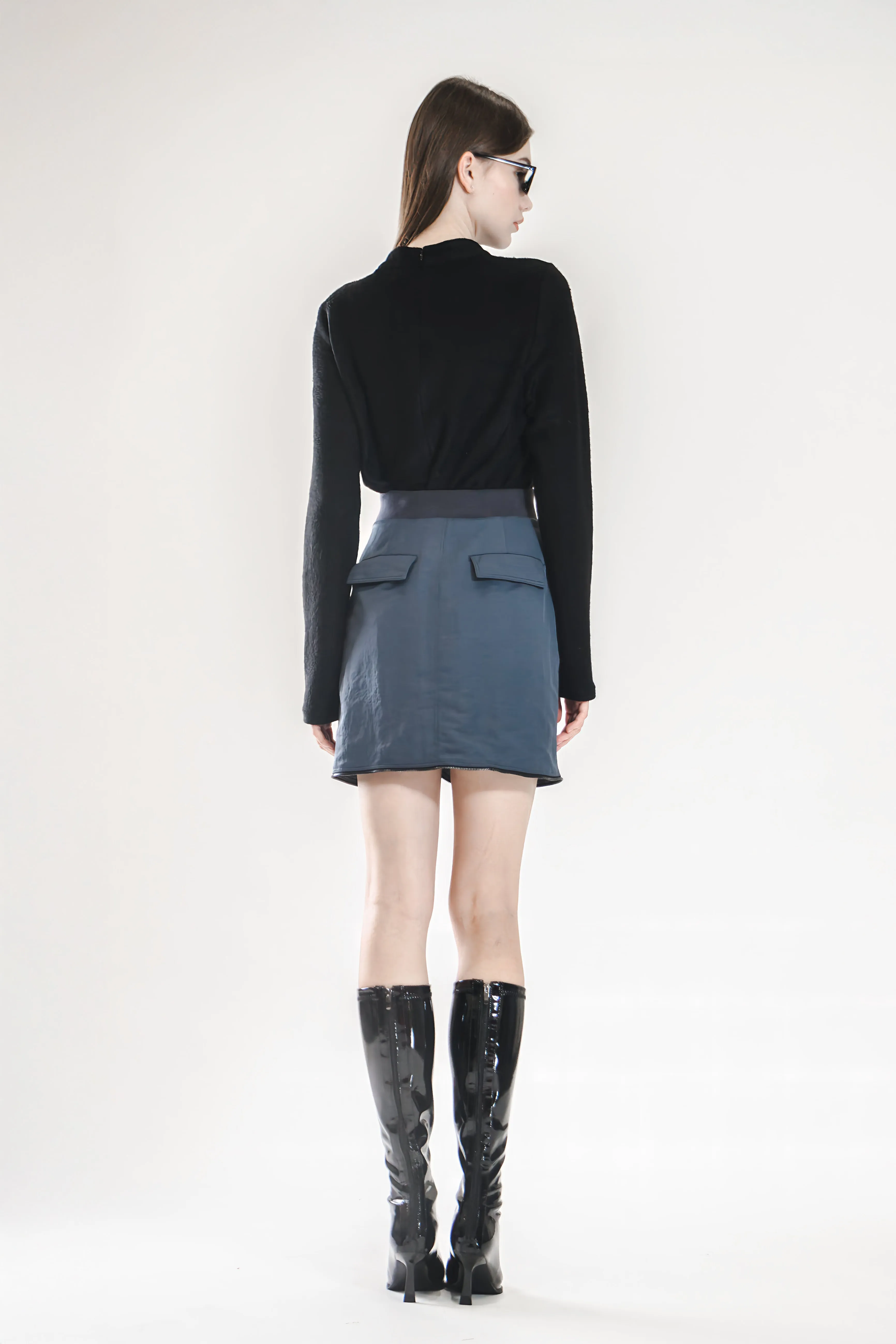 LIGHT GRAY-BLUE/ANGORA RED TRENCH MIDI SKIRT