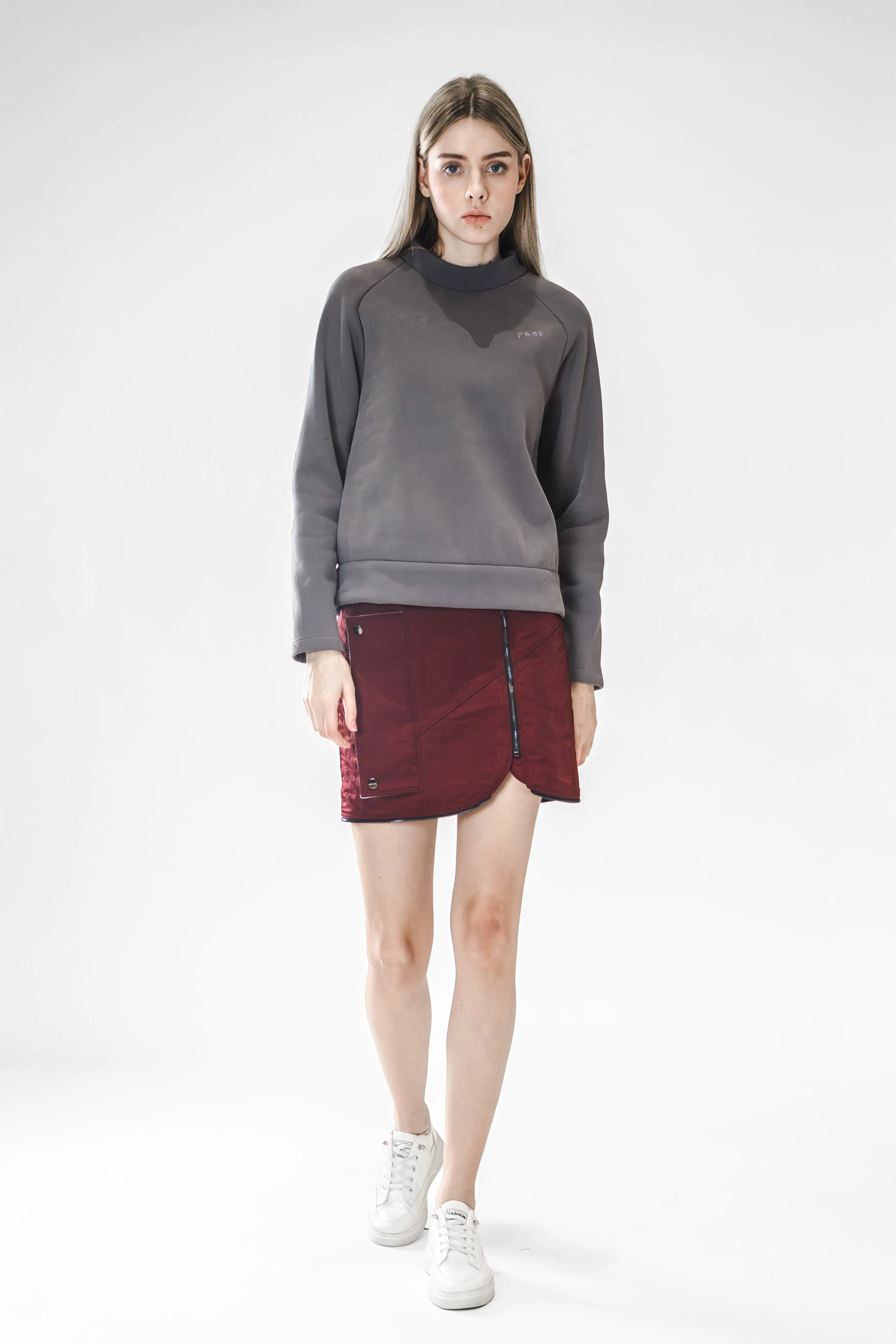 LIGHT GRAY-BLUE/ANGORA RED TRENCH MIDI SKIRT