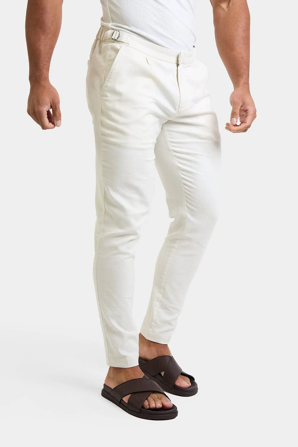 Linen Blend Cropped Pleated Trousers in Chalk