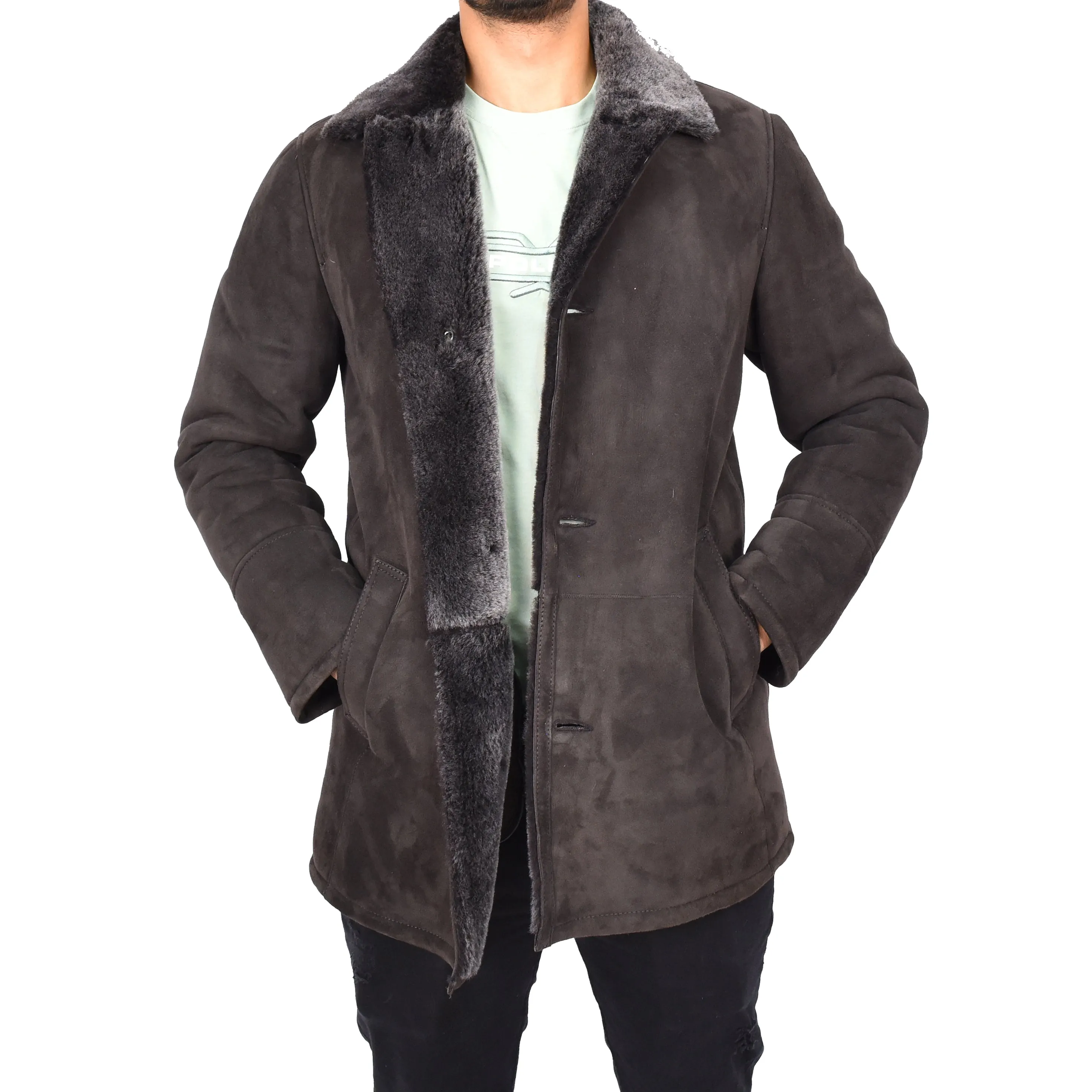 Mens Luxury Merino Sheepskin Classic Car Coat Shearling Walter Brown