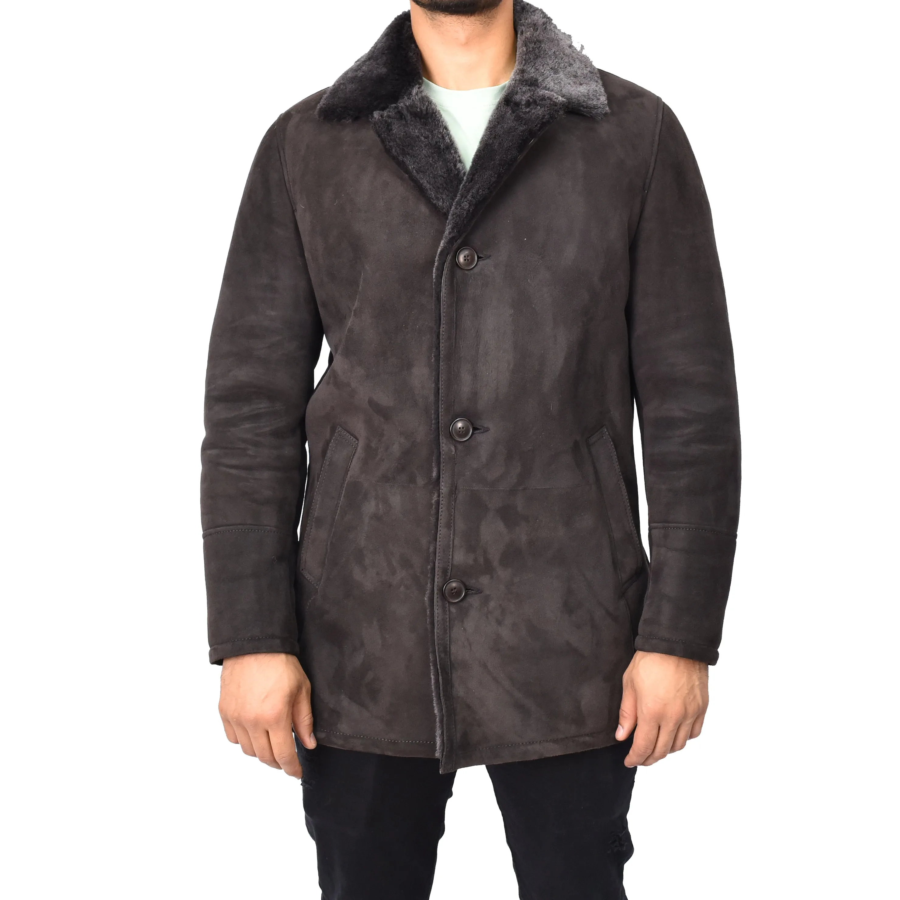 Mens Luxury Merino Sheepskin Classic Car Coat Shearling Walter Brown