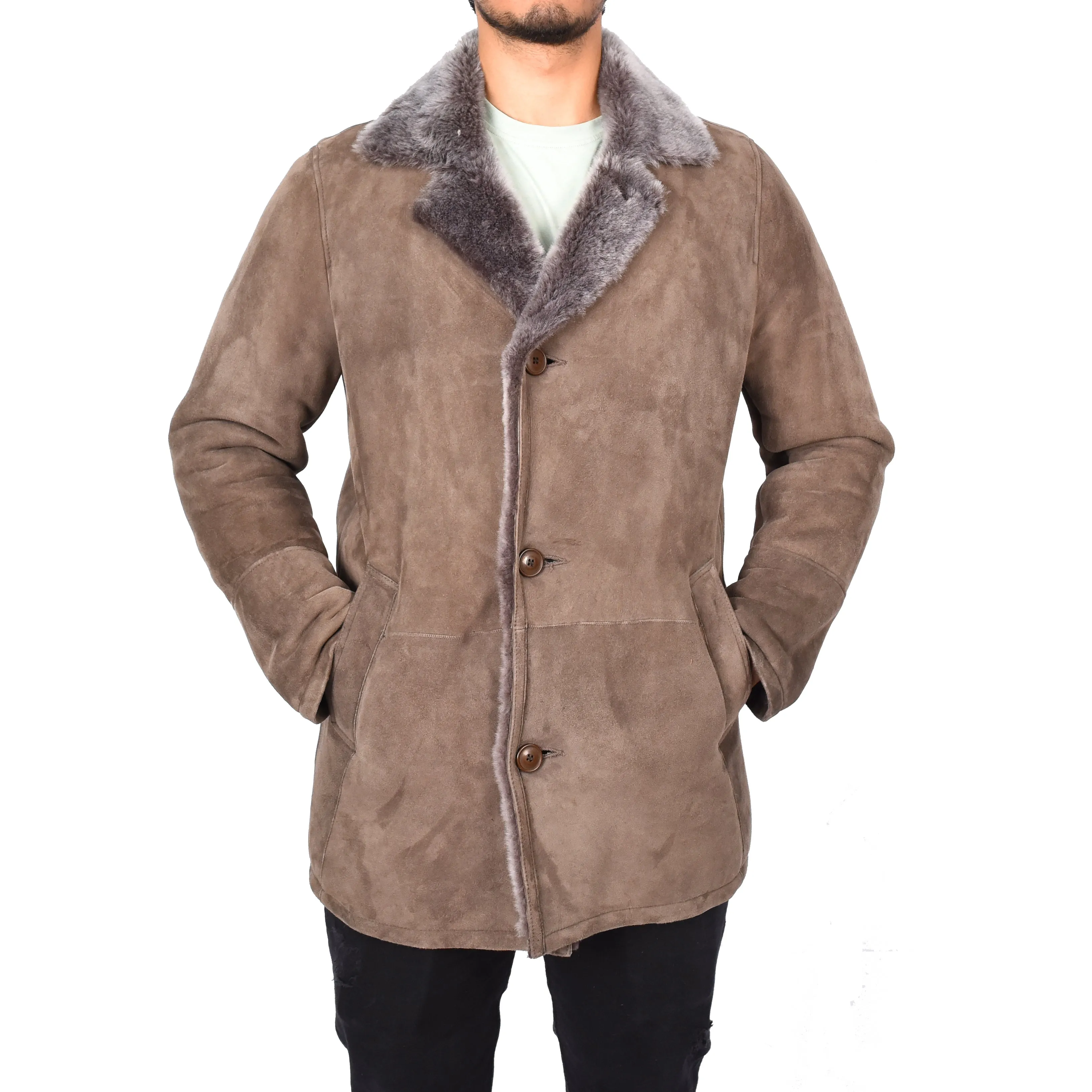 Mens Luxury Merino Sheepskin Classic Car Coat Shearling Walter Taupe