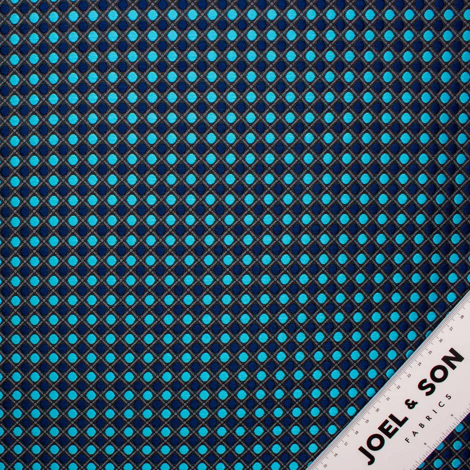 Multi Blue Spotted Grey Lattice Brocade Fabric