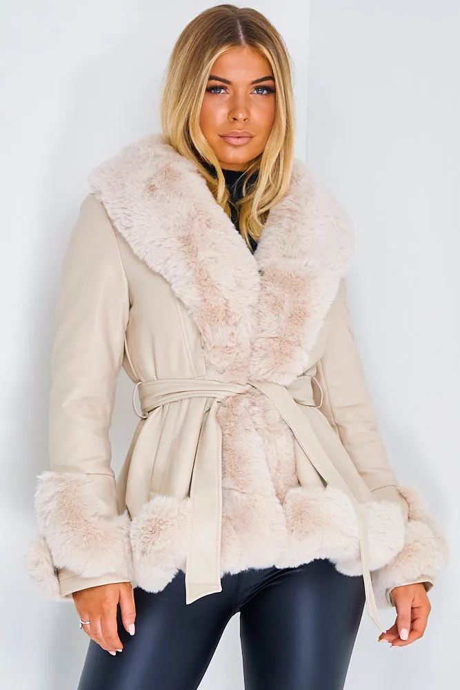 Sadie Cream Faux Leather Fur Hem Tie Waist Coat