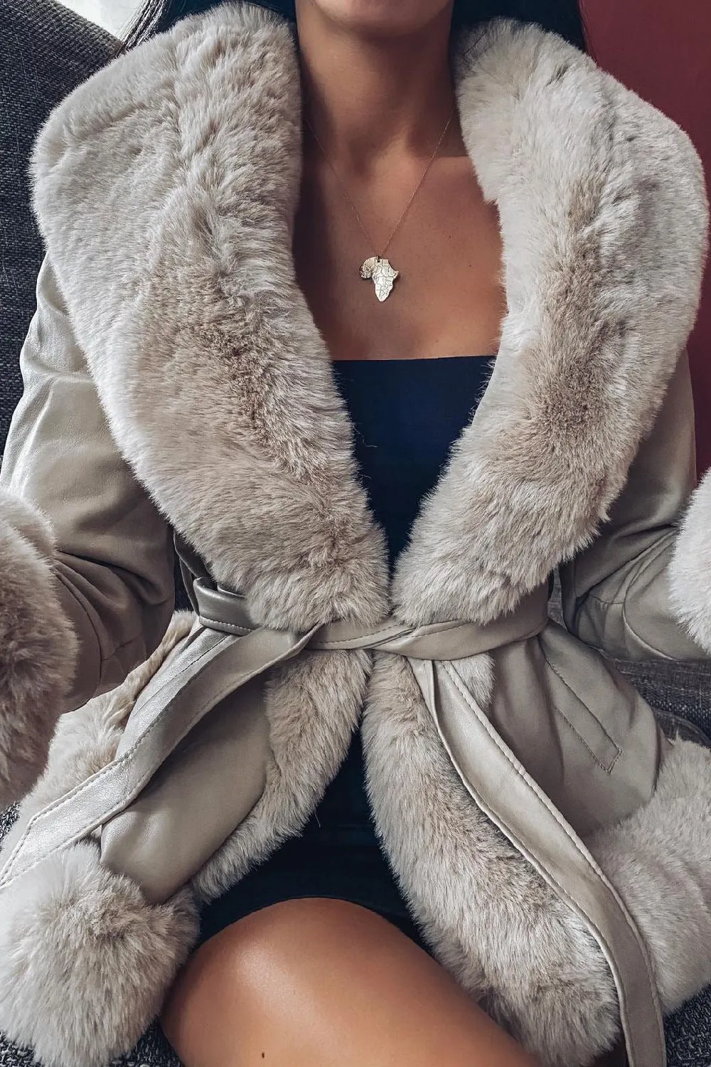 Sadie Cream Faux Leather Fur Hem Tie Waist Coat