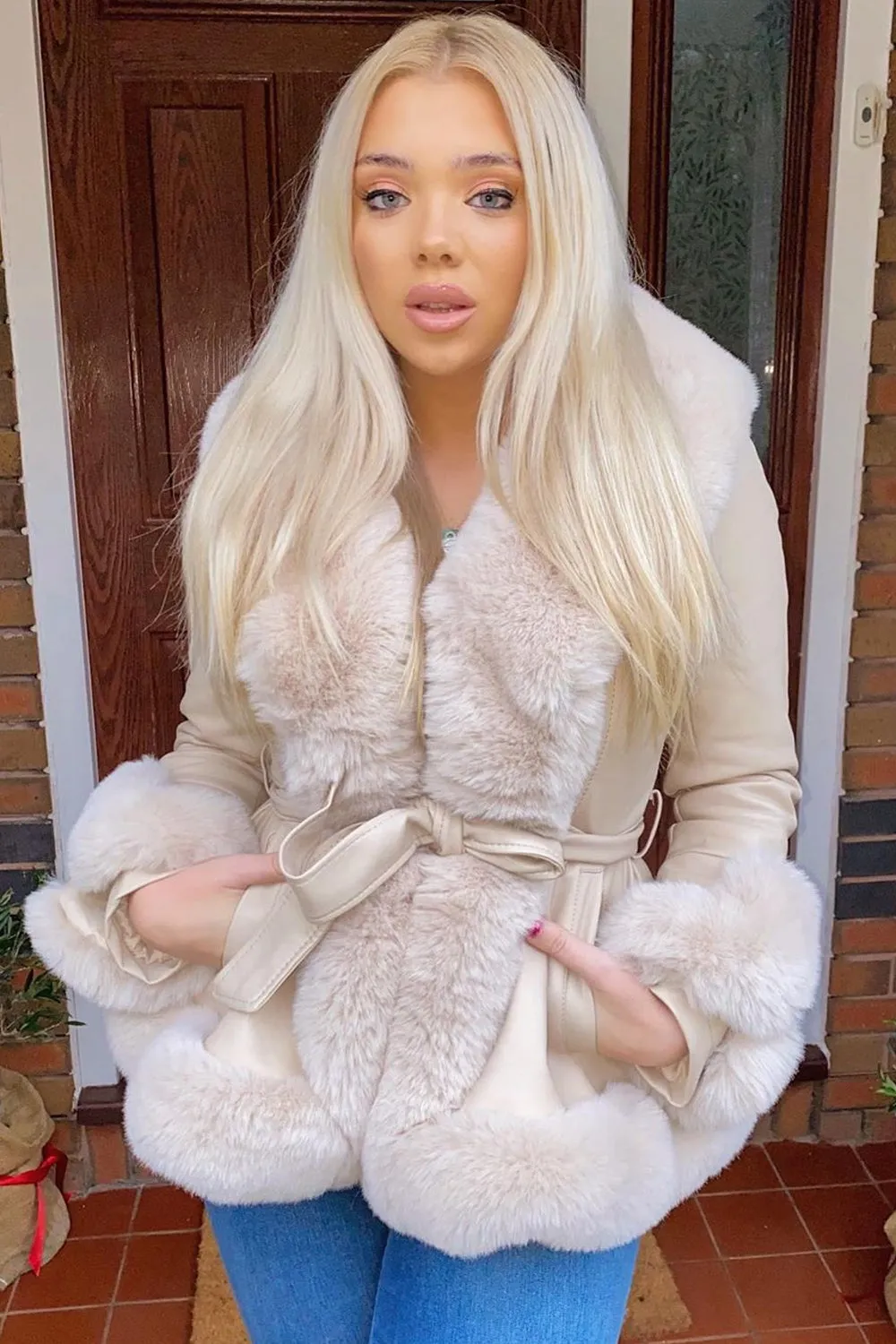Sadie Cream Faux Leather Fur Hem Tie Waist Coat