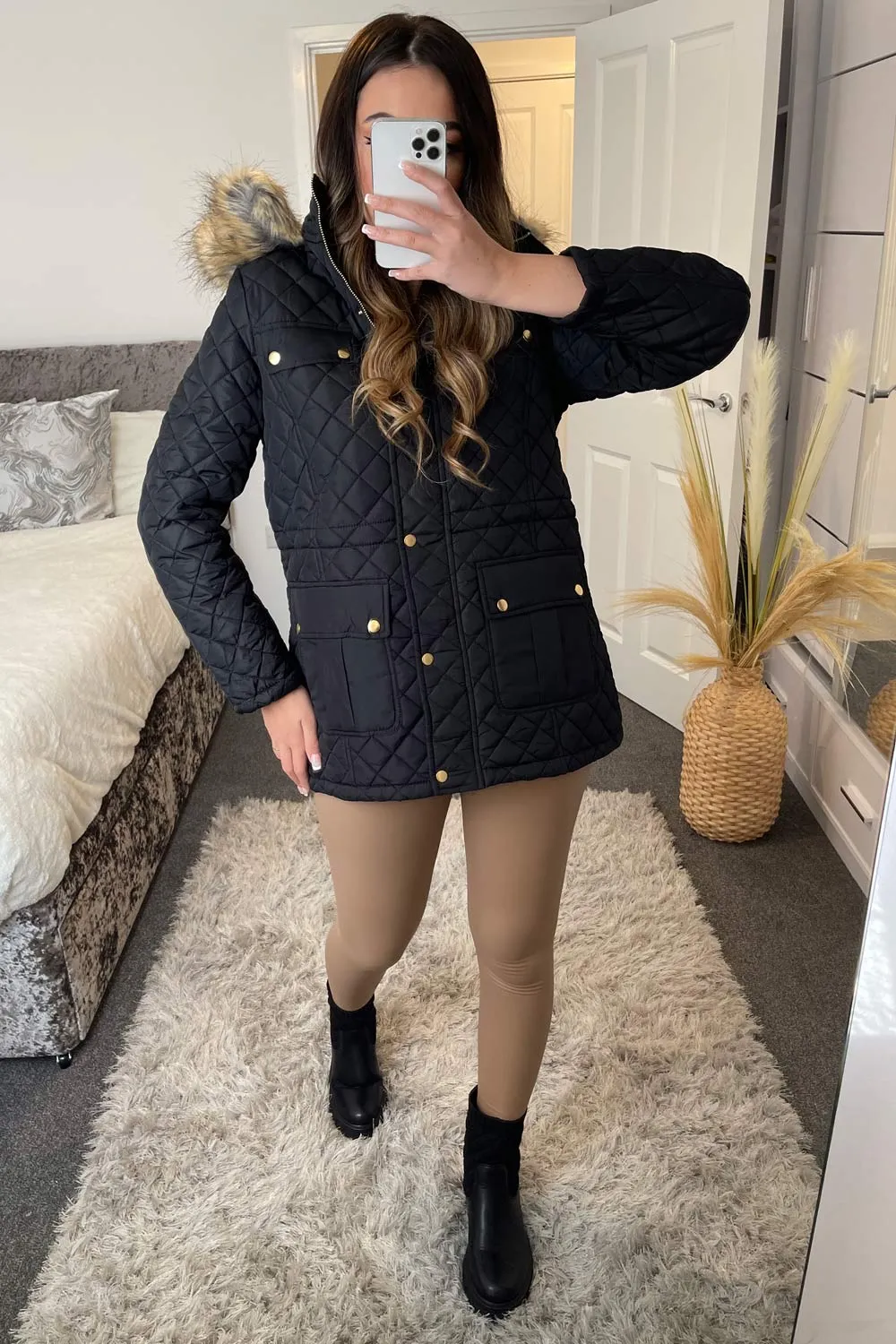 Sarah Black Diamond Quilted Faux Fur Hooded Coat
