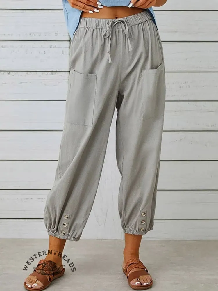 Solid Color Casual With Pocket Buttons Cotton Linen Trousers Pants