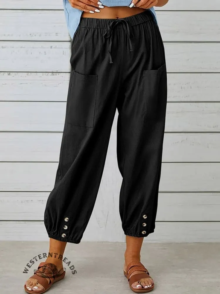 Solid Color Casual With Pocket Buttons Cotton Linen Trousers Pants