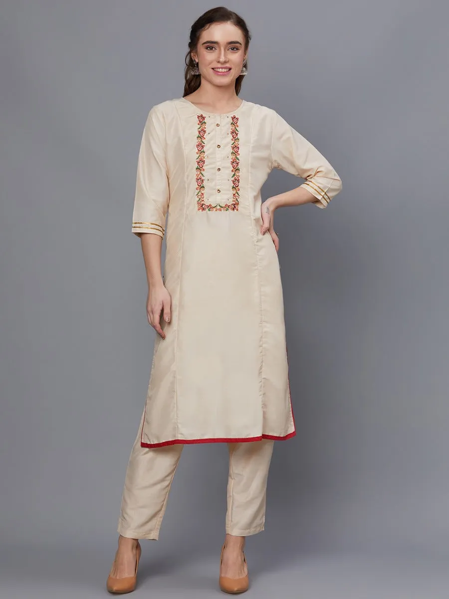 Women Cream Solid Kurta Trouser Dupatta