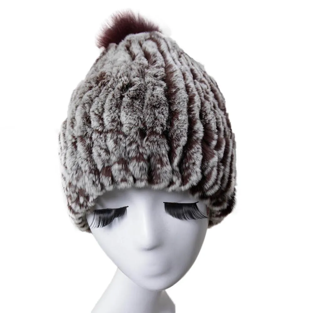 Women's Beanies for Winter Real Rabbit Fur Hat Fox Fur Pom-pom Wool Cap 13607