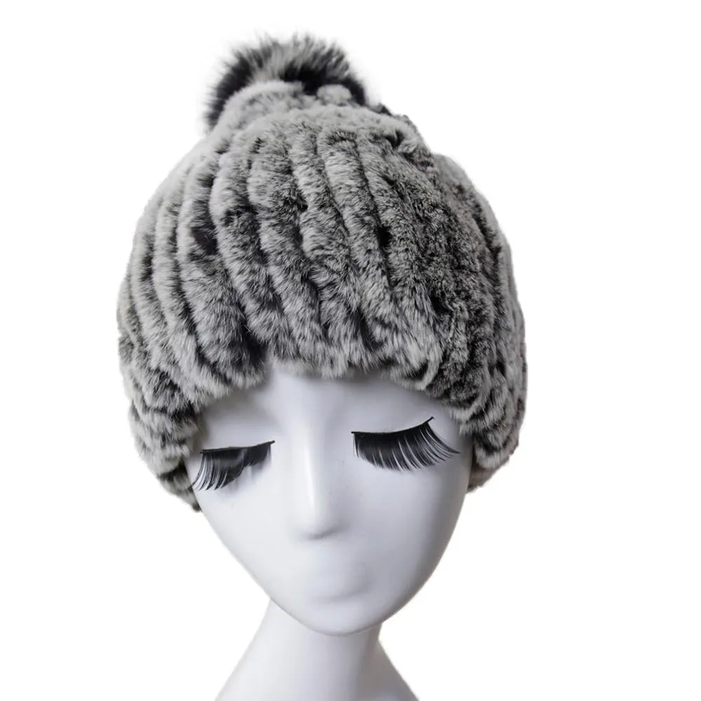 Women's Beanies for Winter Real Rabbit Fur Hat Fox Fur Pom-pom Wool Cap 13607